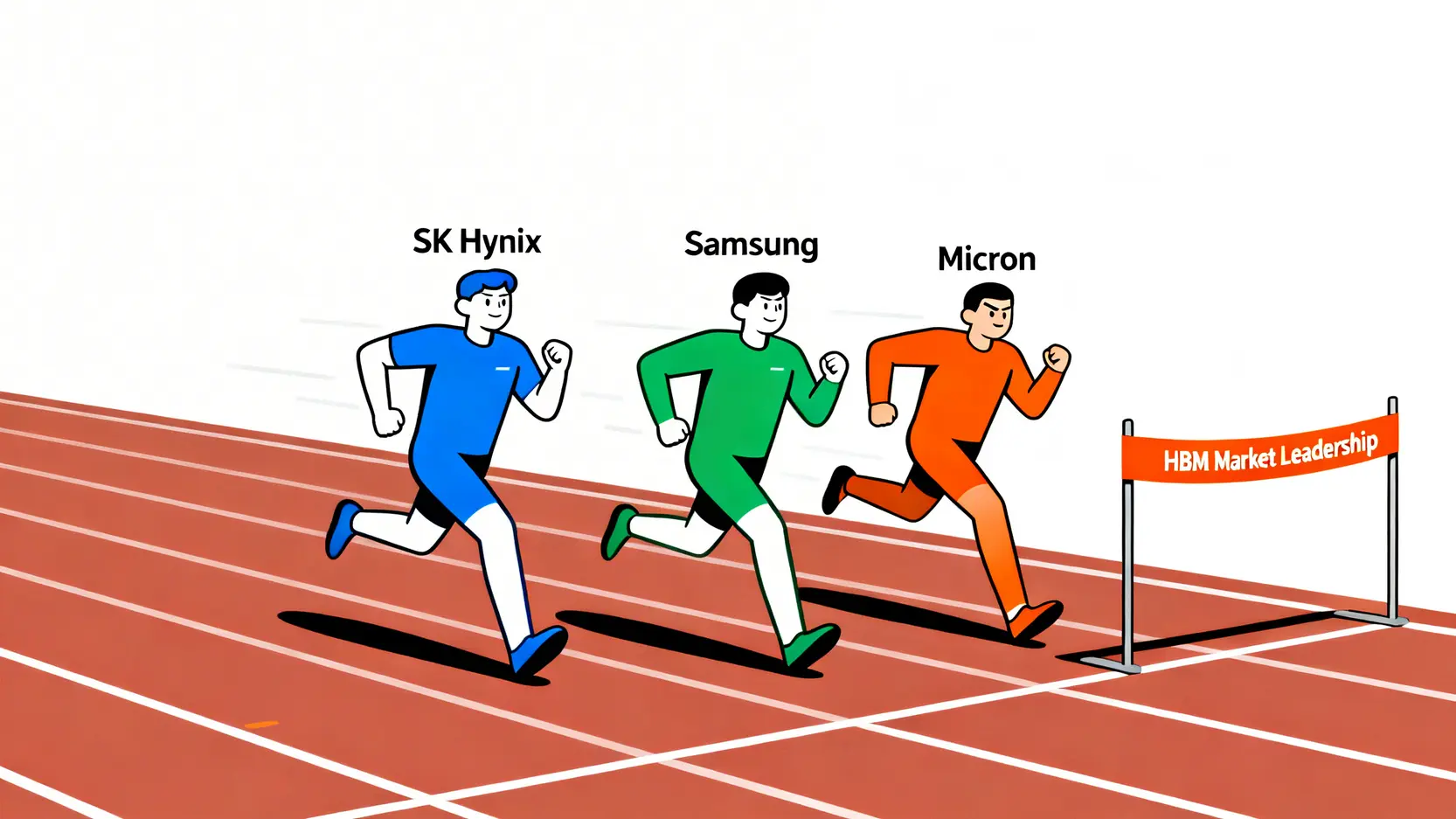 HBM記憶體市場競爭格局,SK海力士與三星處於領先,美光作為挑戰者在後方緊追。