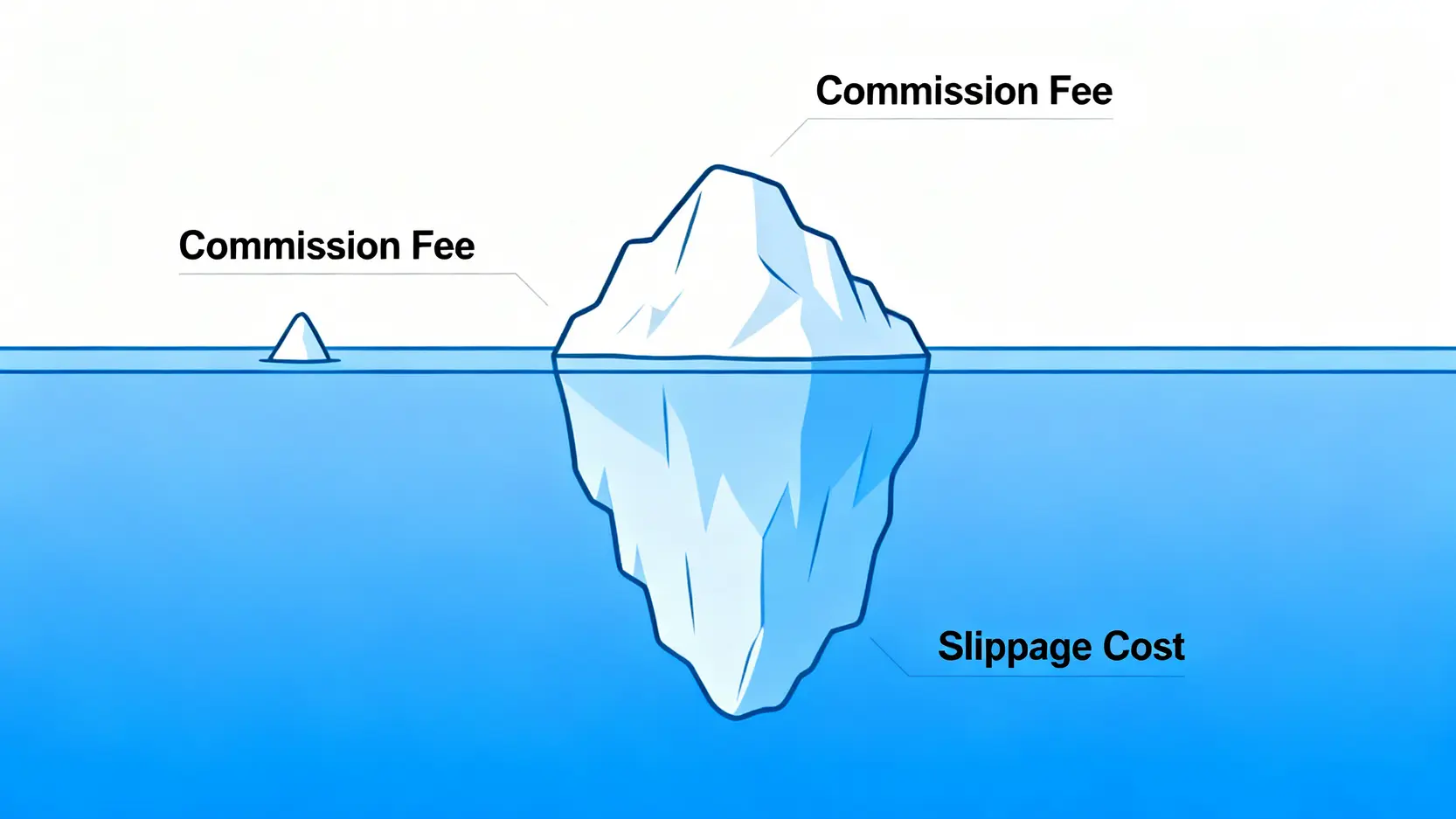 交易成本冰山模型圖,顯示手續費是可見的小成本,而滑點是水面下巨大的隱藏成本。