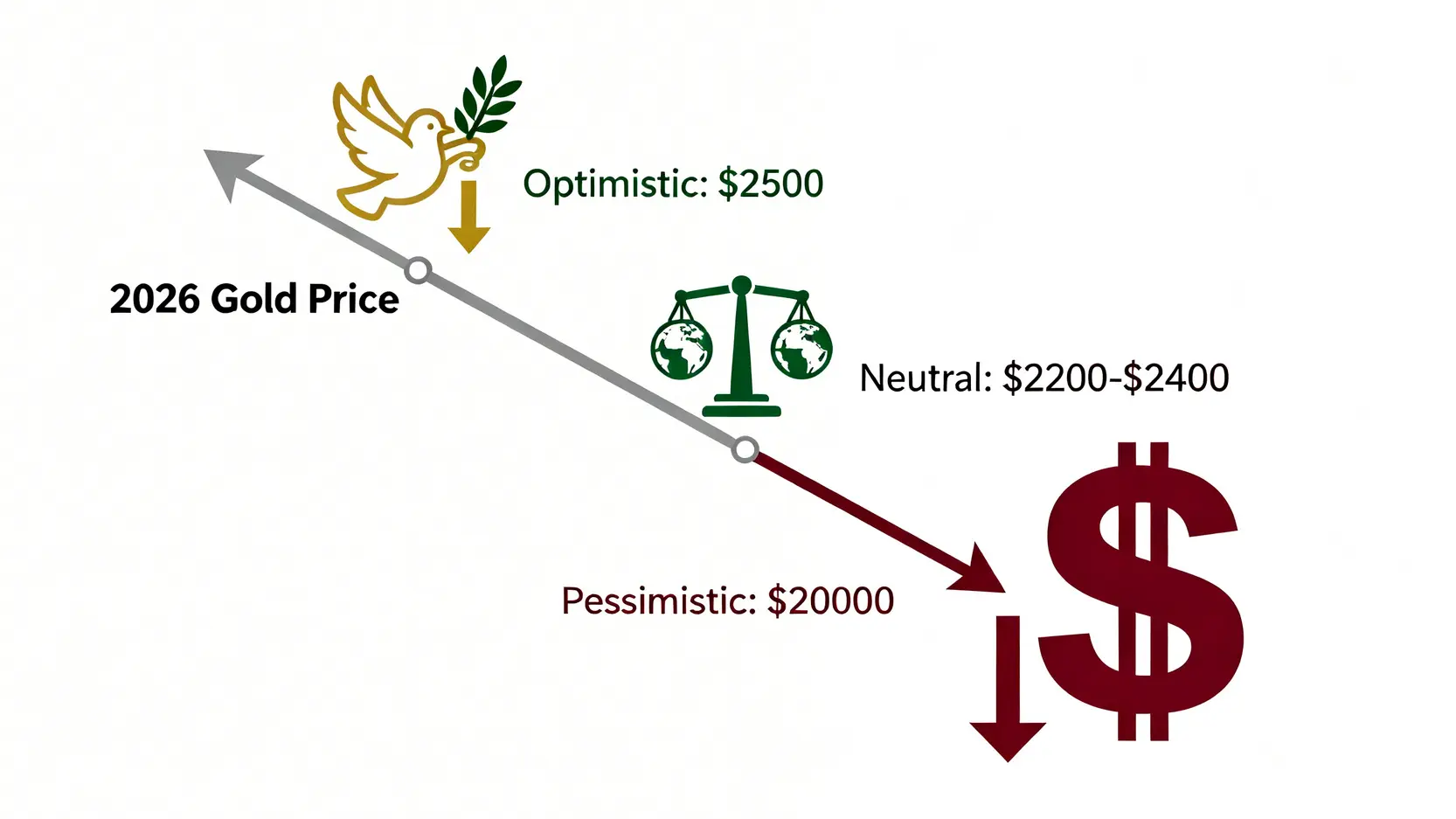 2026年黃金價格三種情境分析圖,分別展示了樂觀、中性和悲觀預測下的金價目標與其主要驅動因素。