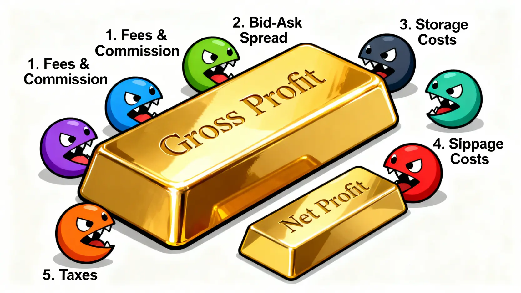 一張說明黃金投資五大隱藏成本的概念圖,顯示一個金條被手續費、價差、保管費、滑點和稅務等費用蠶食。