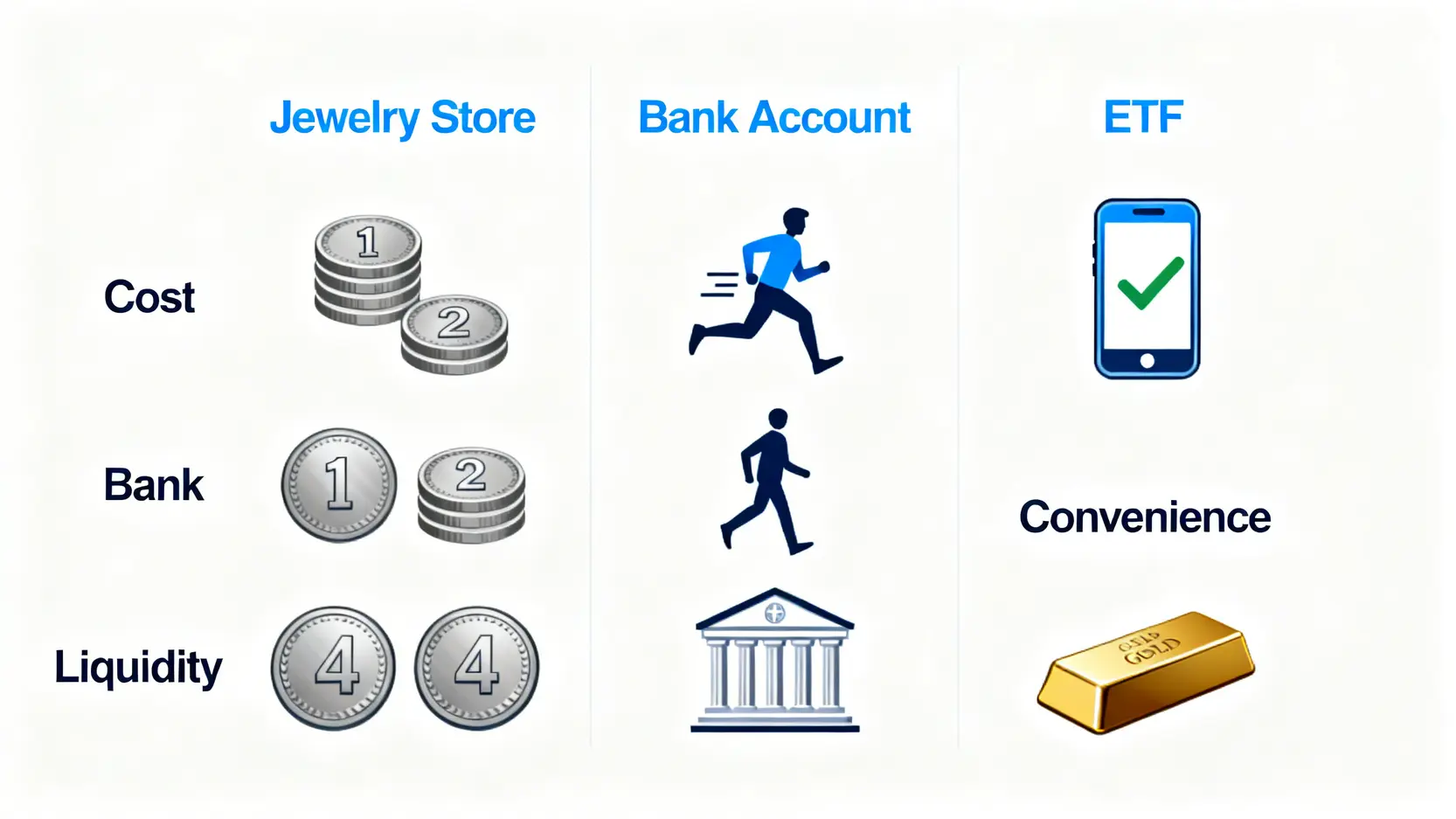 黃金投資三大管道對比圖:銀樓、銀行黃金存摺、黃金ETF在成本、流動性與便利性上的優劣比較。