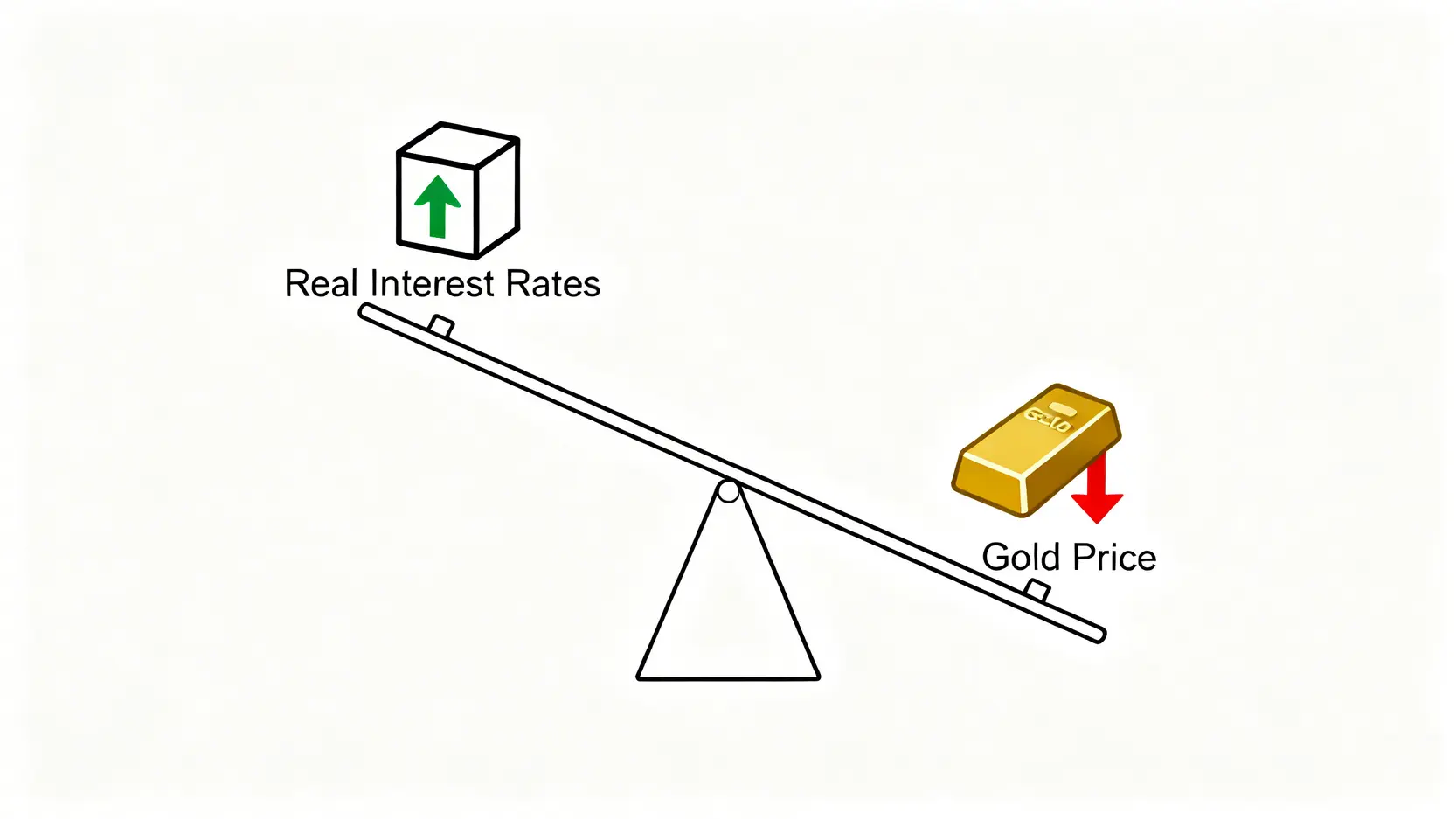 金價與實質利率的負相關關係示意圖,圖中蹺蹺板一端利率上升,另一端金價則下降。