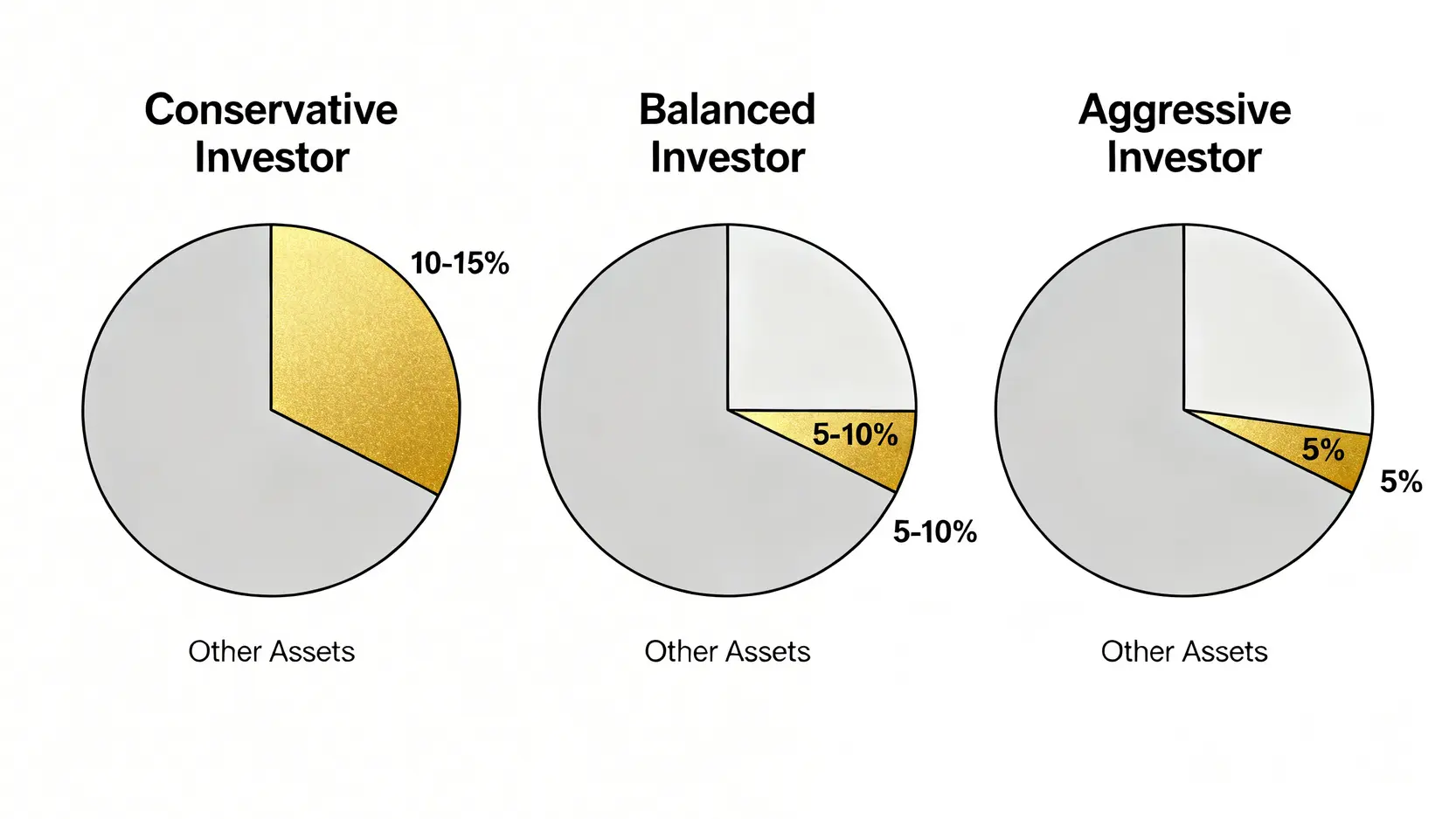 三種投資組合的黃金配置建議圖,分別展示保守型(10-15%)、穩健型(5-10%)和積極型(5%)投資者應持有的黃金比例。