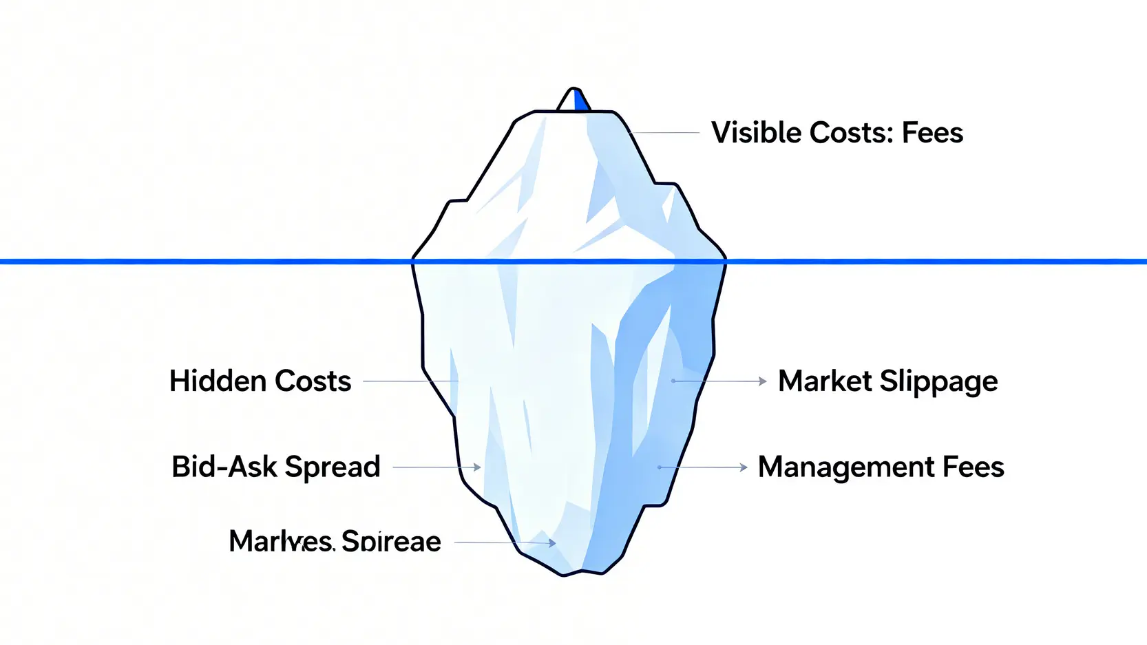 成本冰山概念圖,顯示可見的交易手續費只是冰山一角,而隱藏的買賣價差、滑點等成本才是主體。