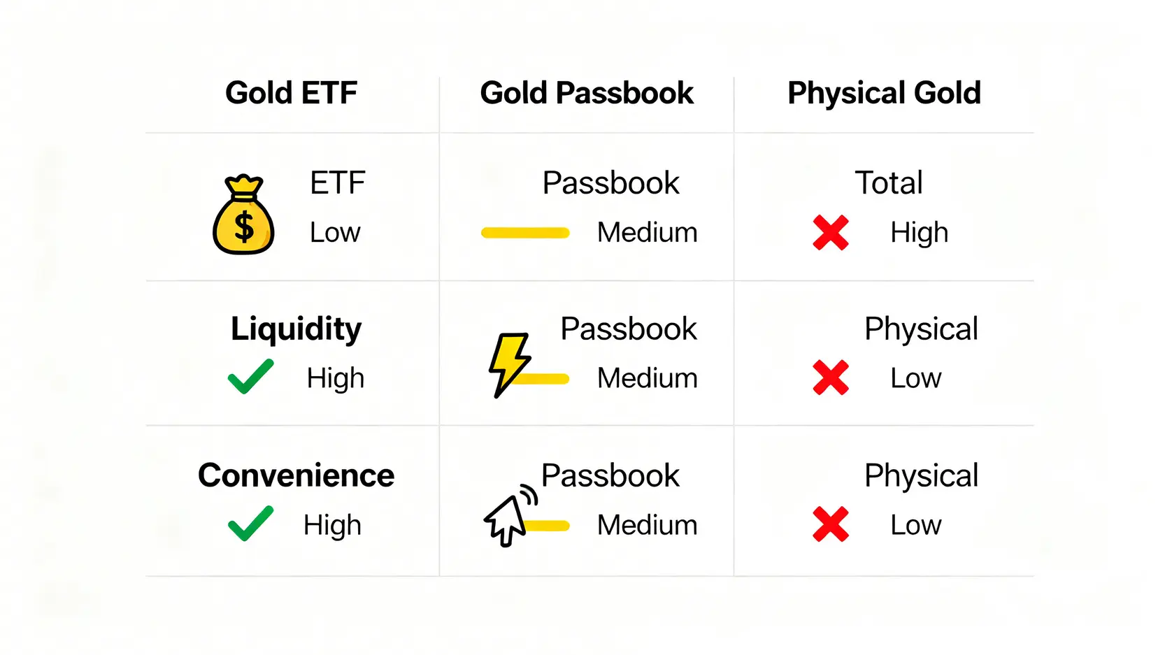 黃金ETF、黃金存摺與實體黃金三大投資工具在總成本、流動性與便利性上的對比圖。