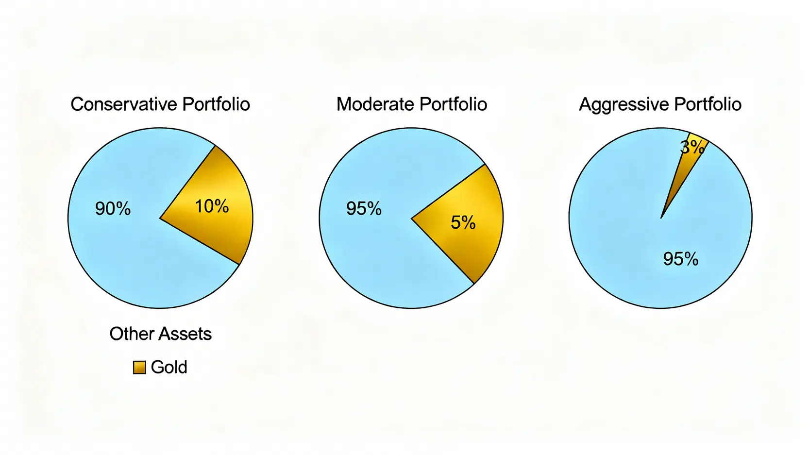 三種不同風險承受度投資者的資產配置圓餅圖,顯示保守型、穩健型與積極型投資組合中的黃金建議比例。