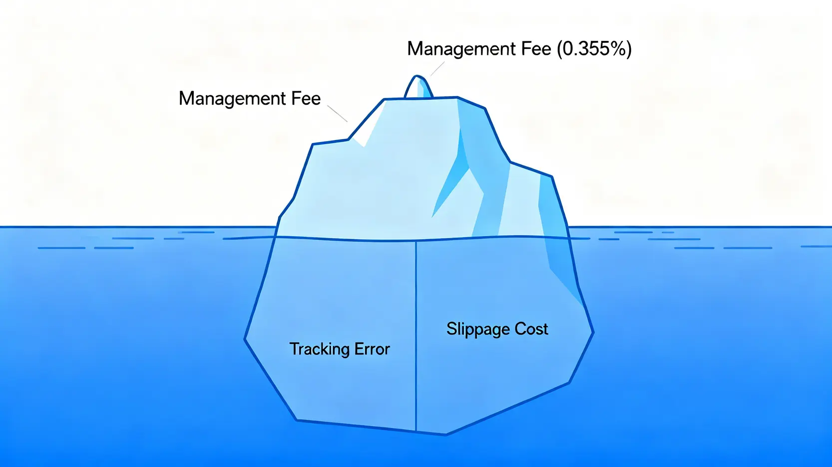 一張冰山圖,說明0050的投資成本,水面上的小部分是管理費,水面下更大的部分是追蹤誤差與滑價等隱藏成本。