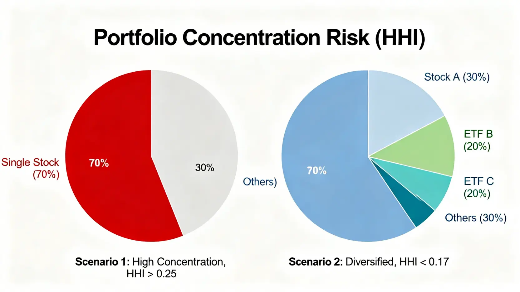 兩種投資組合的集中度風險對比圖,一個高度集中於單一股票,另一個則適度分散於多種資產。