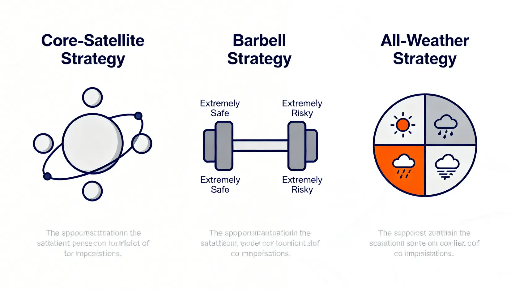 三種投資組合策略模型對比:核心-衛星策略、槓鈴策略與全天候策略的視覺化表示。