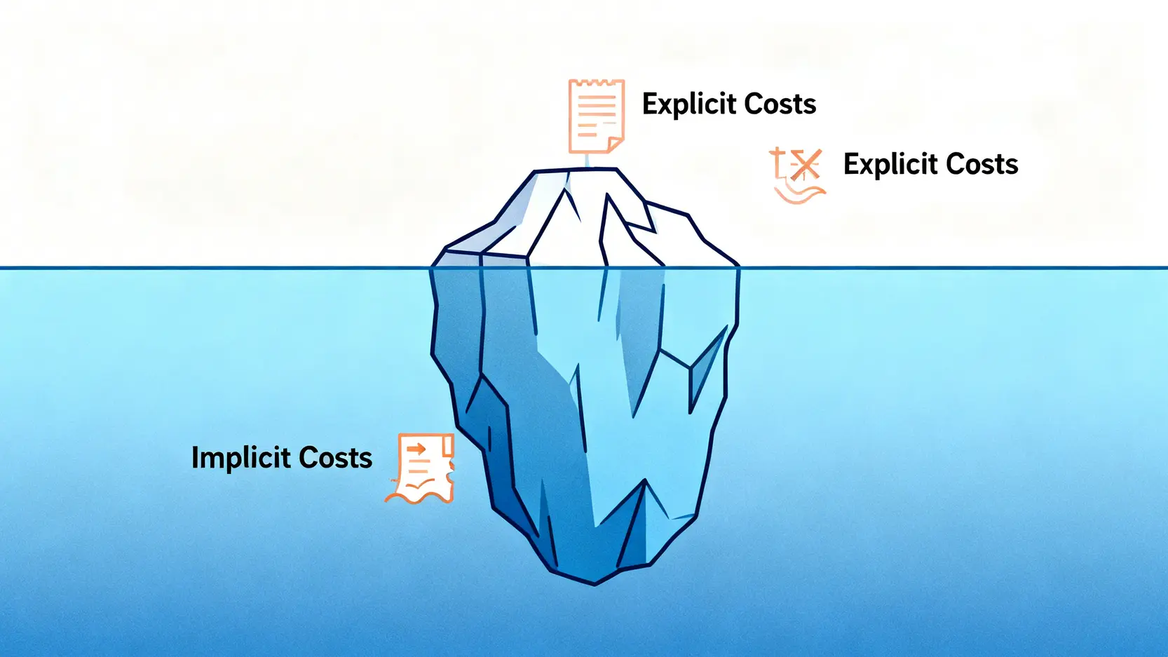 投資總成本冰山圖,顯示可見的顯性成本(手續費、交易稅)和水下巨大的隱性成本(滑價、衝擊成本)。