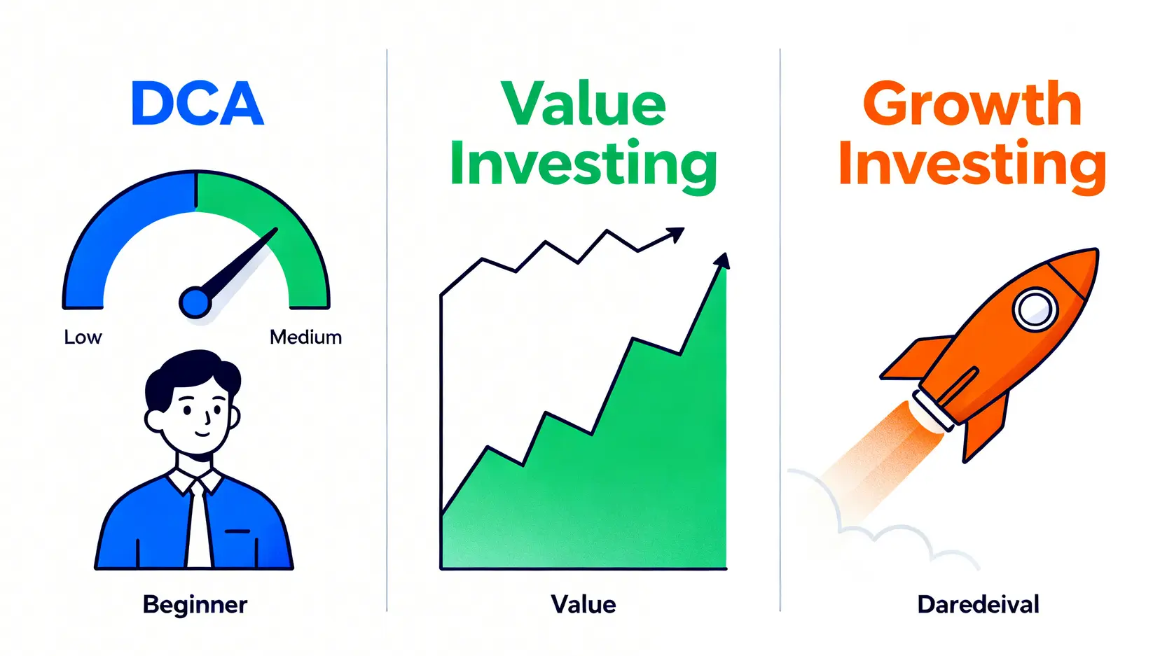 三種投資策略比較圖:定期定額(低風險)、價值投資(中等風險)與成長股投資(高風險)的風險與回報特性。