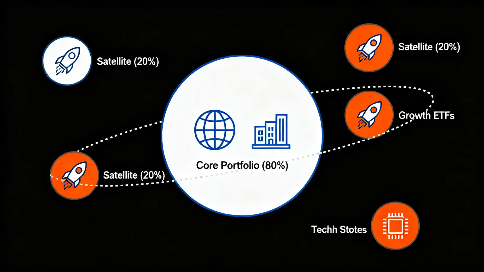 核心-衛星資產配置模型示意圖,展示80%的核心穩健資產和20%的衛星成長資產組合。