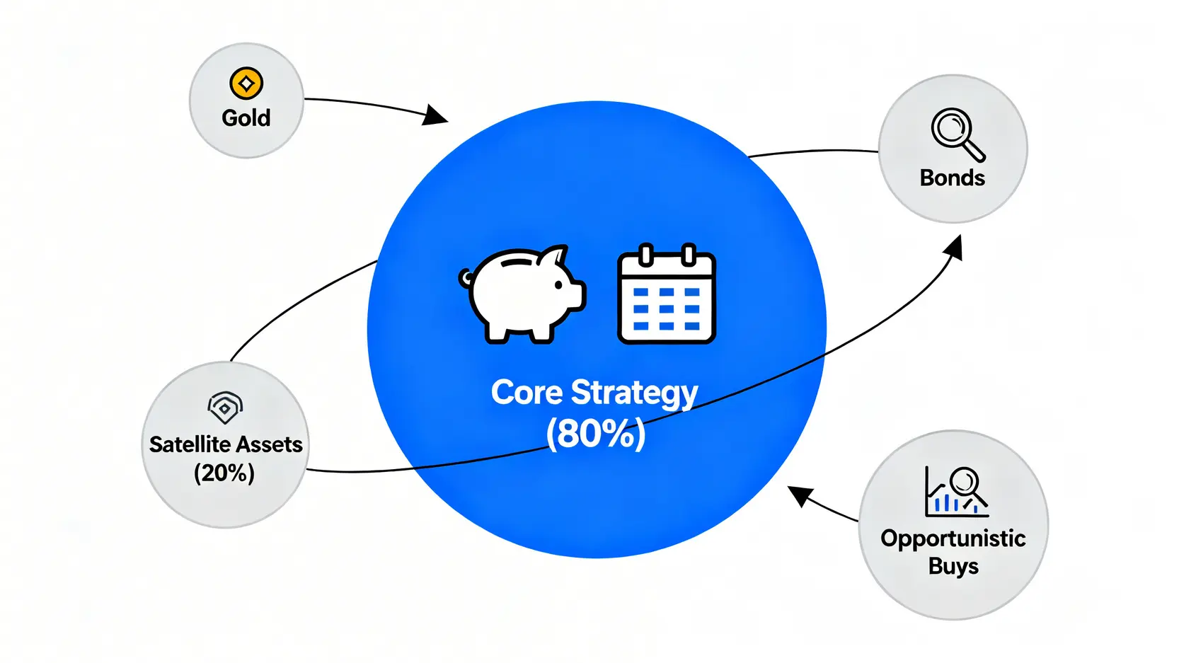 核心-衛星資產配置策略示意圖,80%資金用於核心策略,20%資金用於衛星資產以應對風險。