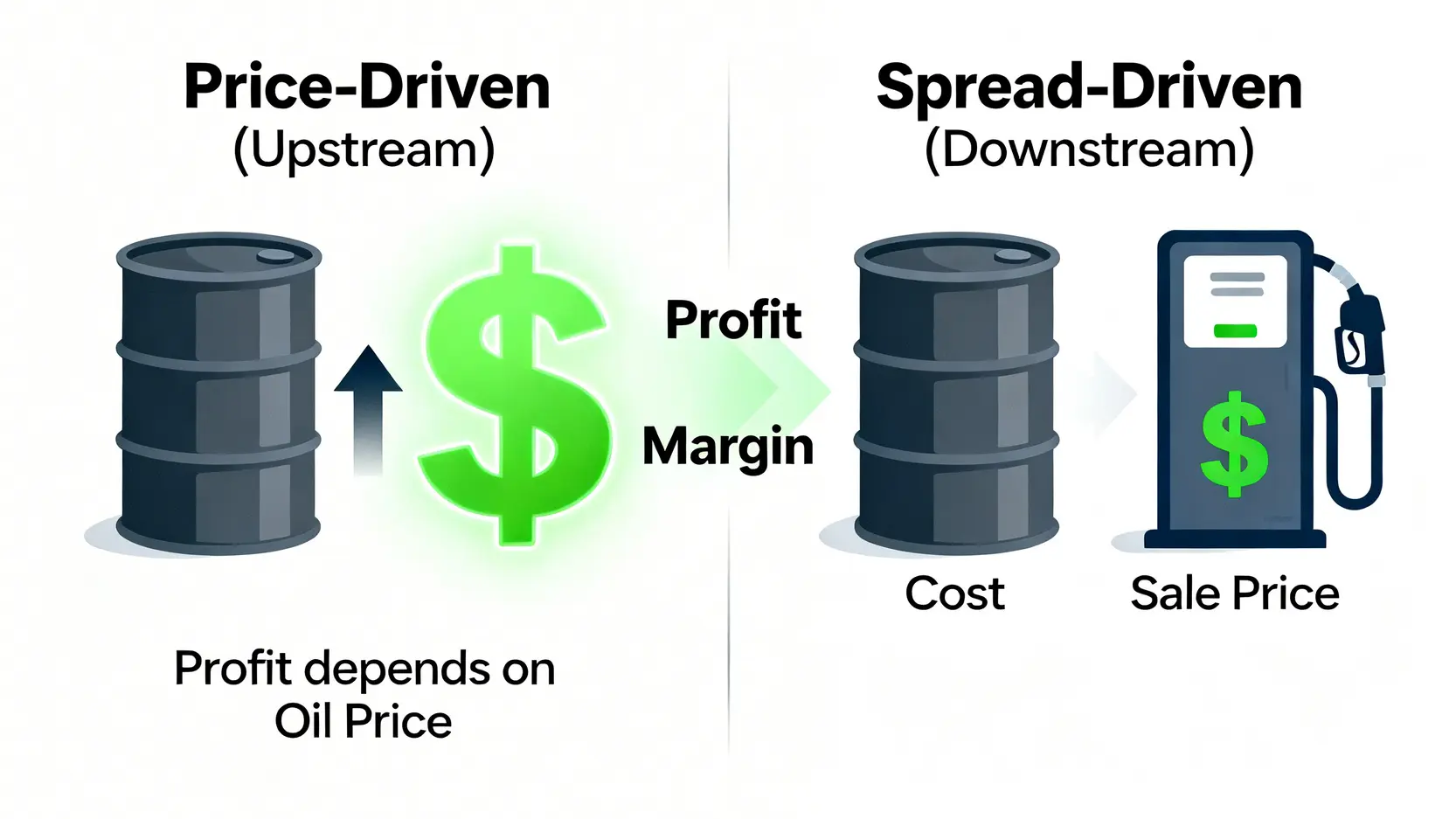 價格驅動與價差驅動的商業模式對比圖,左側顯示上游公司利潤與油價正相關,右側顯示下游公司利潤來自於成品售價與原油成本的價差。