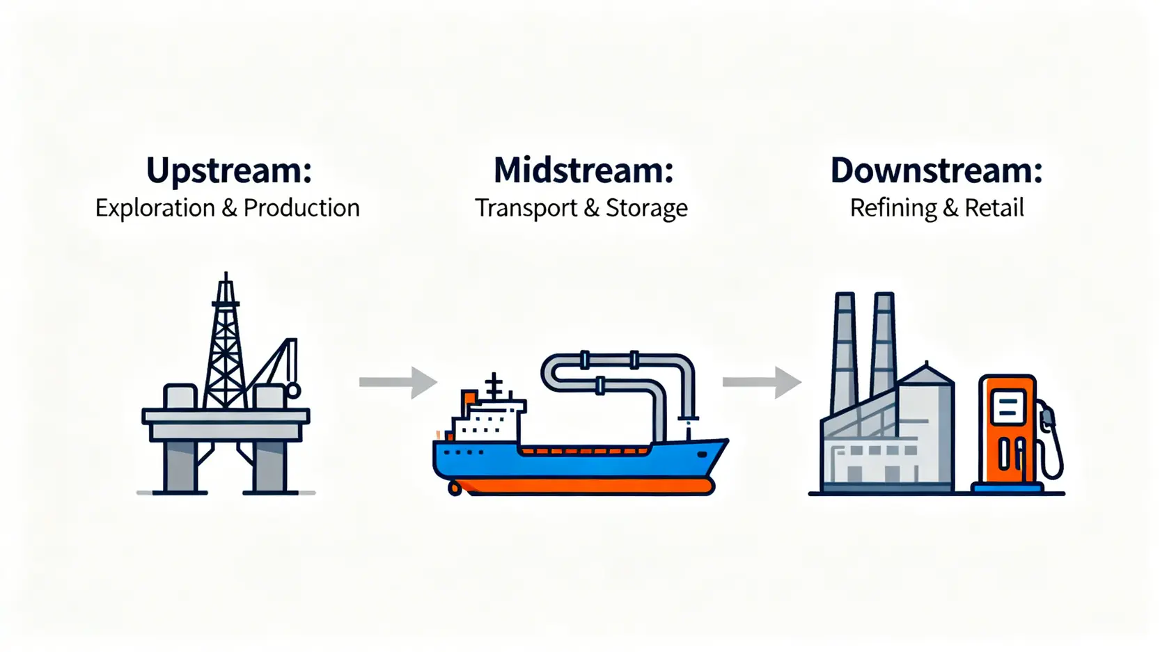 石油產業鏈示意圖,展示從上游探勘與生產,經中游運輸與儲存,到下游煉製與銷售的完整流程。