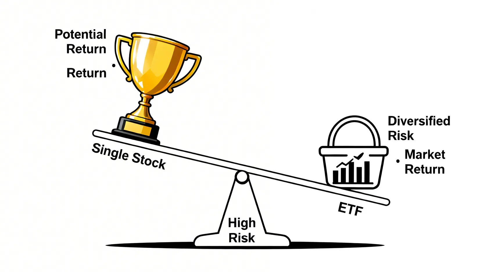 個股投資與ETF投資的風險回報對比圖,以天秤形象展示個股的高風險高回報特性與ETF的風險分散穩定回報特性。