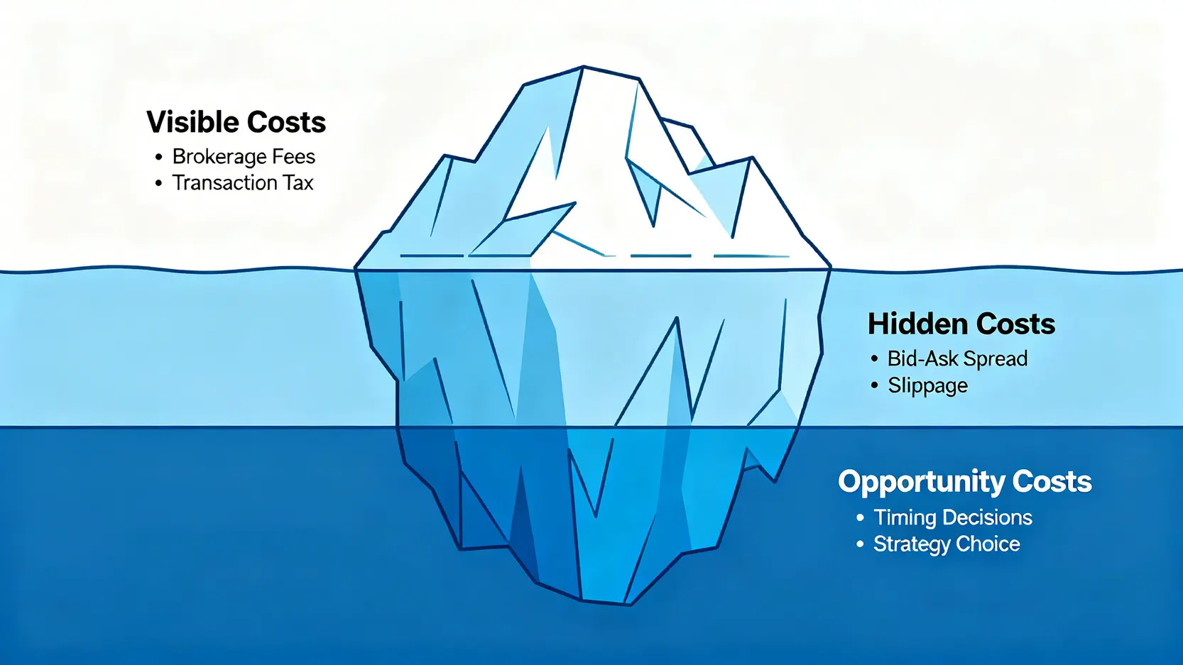 投資成本冰山圖,顯示可見的交易手續費與稅,以及水面下更龐大的隱藏成本如買賣價差、滑價與機會成本。