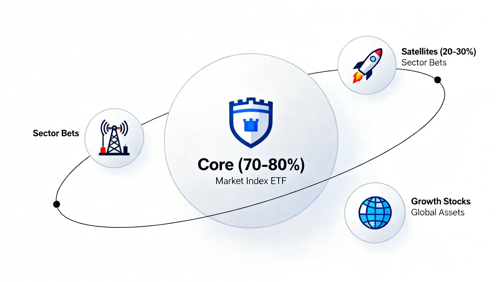 核心-衛星投資策略示意圖,中心為佔70-80%的核心資產(如市值型ETF),周圍環繞著佔20-30%的衛星資產(如產業股、成長股)。