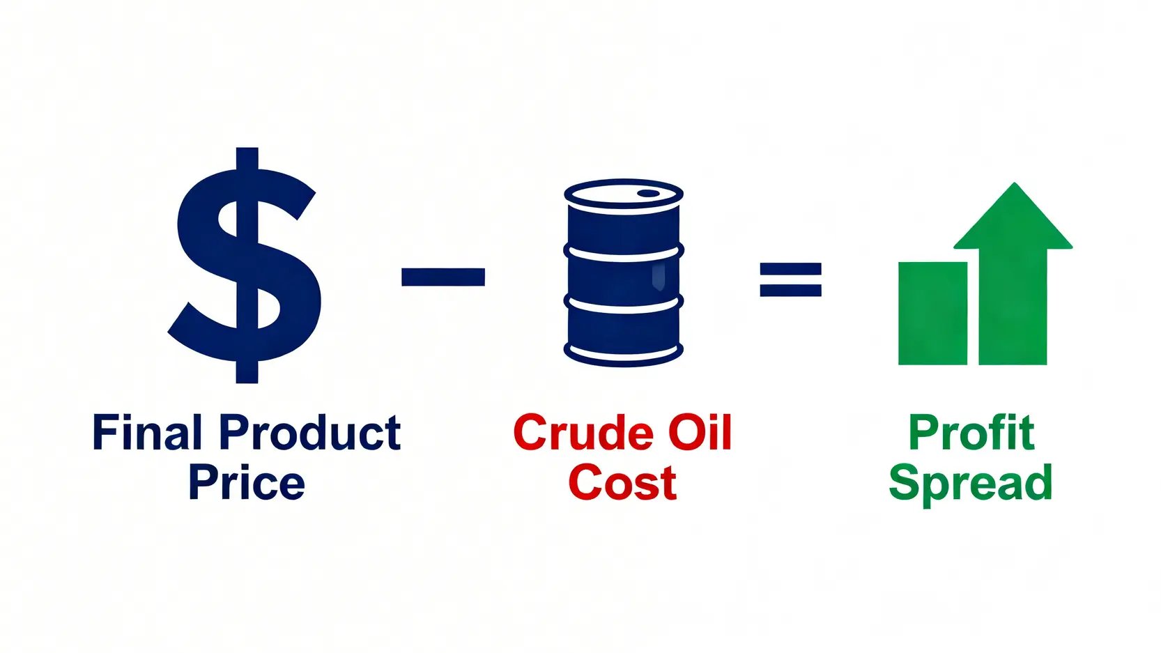 下游煉油廠利潤公式示意圖,顯示最終產品價格減去原油成本等於產品利差。