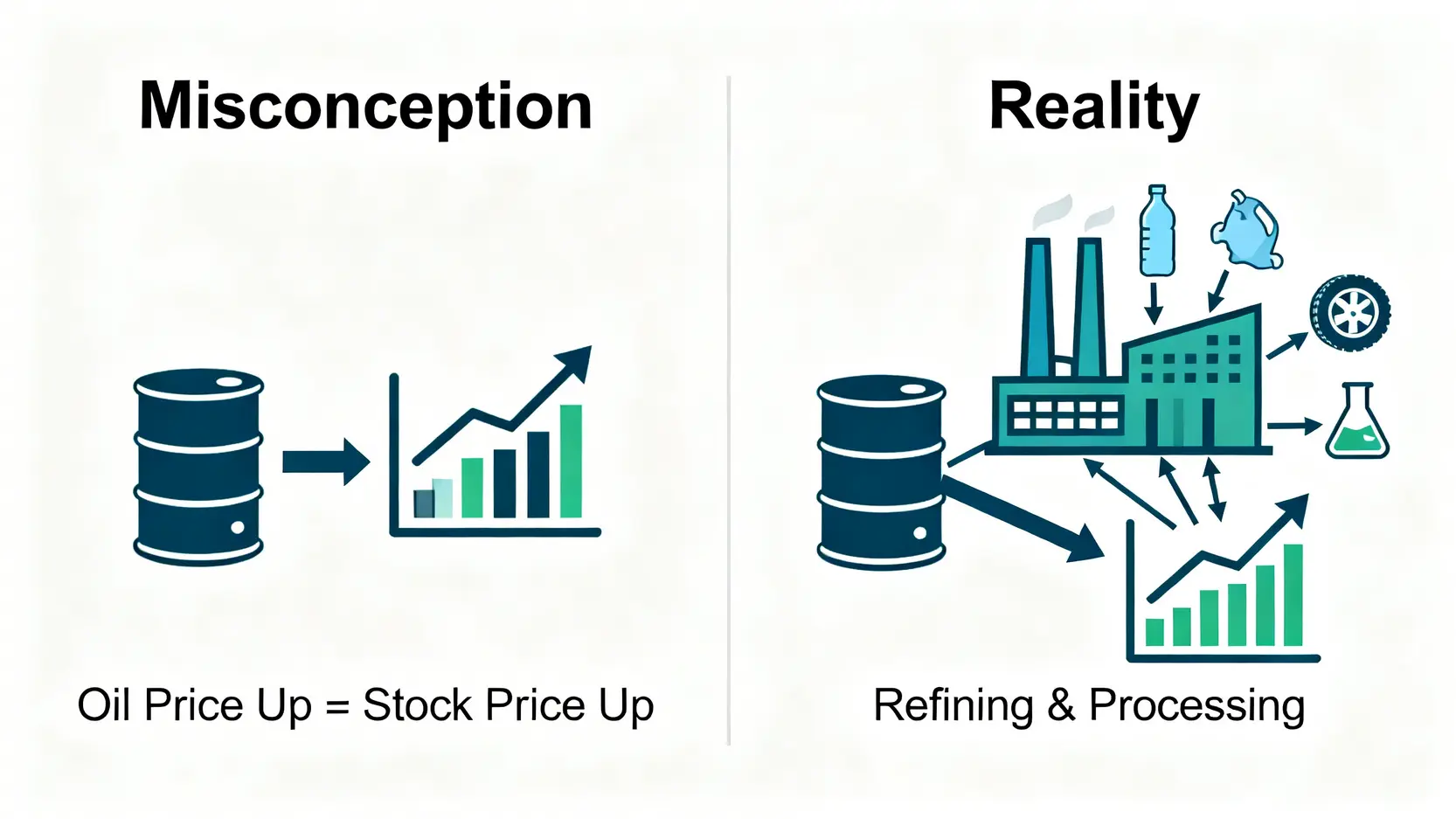 一張對比圖,左邊顯示錯誤觀念:油價上漲直接導致股價上漲;右邊顯示現實情況:油價影響的是一個複雜的石化產品組合,最終才影響股價。