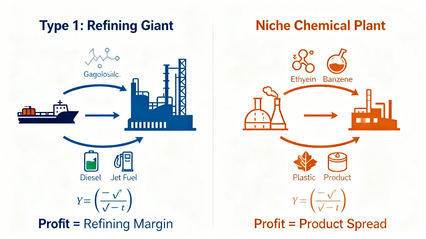 煉油廠與化學廠的商業模式對比圖,清楚展示煉油廠的獲利來自煉油價差,而化學廠的獲利來自產品利差。