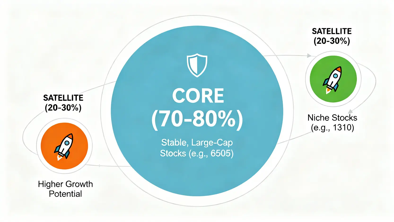 核心衛星投資策略示意圖,中心是佔70-80%的核心穩健資產,周圍環繞著佔20-30%的衛星成長型資產。