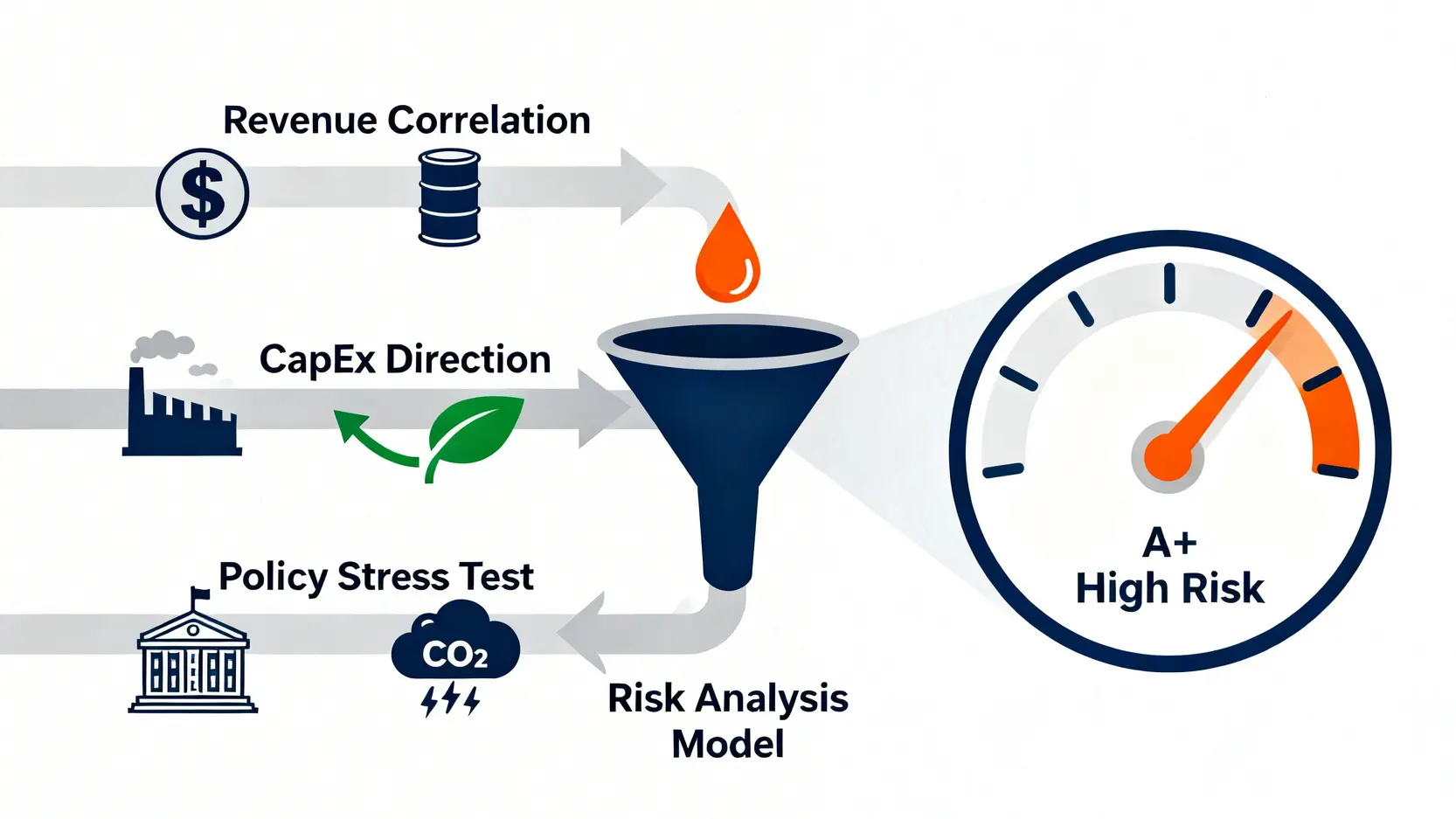 石油營收純度風險指數模型示意圖,展示營收關聯、資本支出和政策壓力三大因素如何匯總成最終評級。