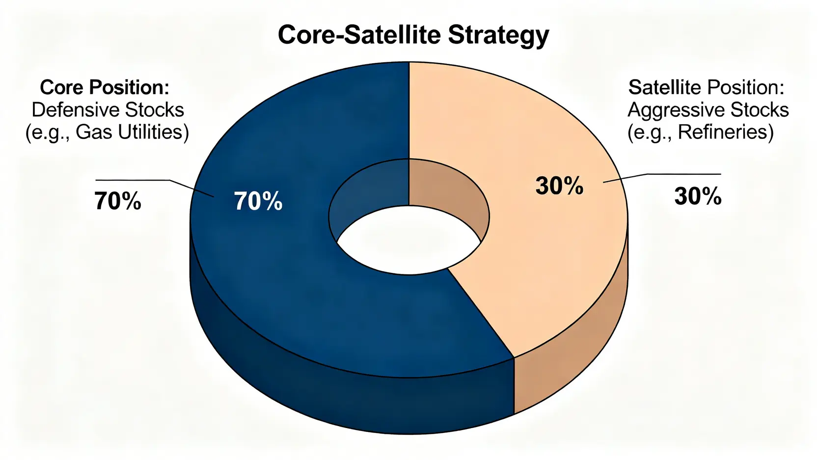 能源投資組合的核心-衛星策略圓餅圖,顯示70%核心防禦部位與30%衛星攻擊部位的配置比例。