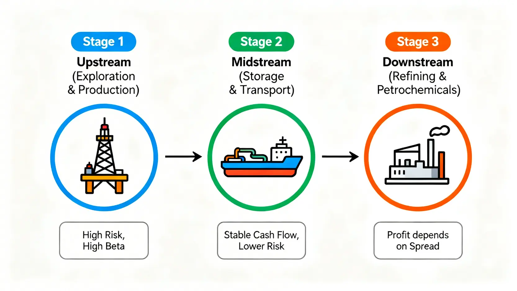 石油產業鏈示意圖,從上游勘探、中游運輸到下游煉油的流程,並標示各階段的風險特性。