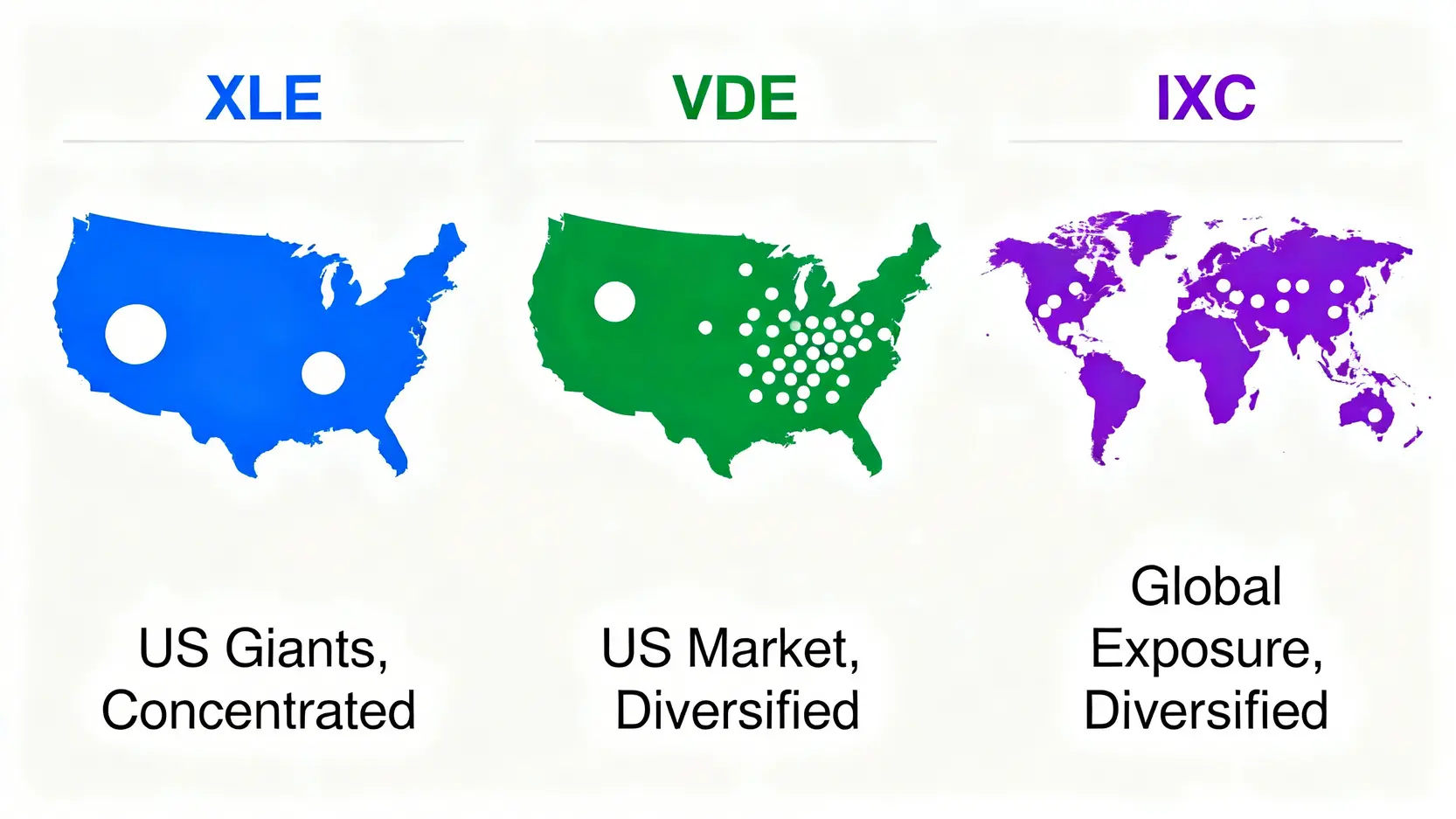 三大美國能源ETF比較圖:XLE集中於美國大型股,VDE廣泛分散於美國市場,IXC佈局全球能源股。