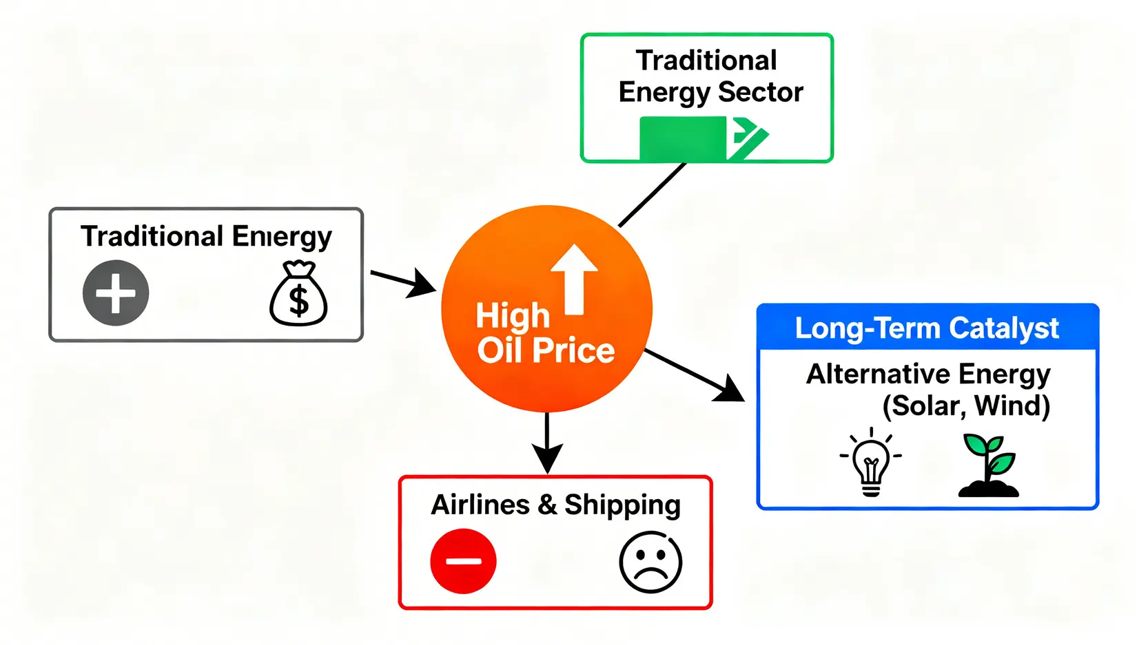 高油價的二階效應示意圖,顯示其對傳統能源業、航空航運業以及替代能源產業的不同影響。