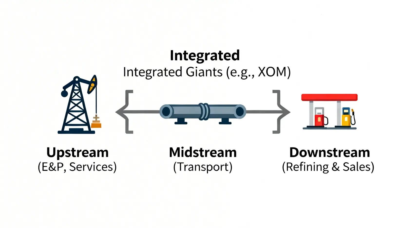 石油產業鏈結構圖,展示上游、中游、下游以及綜合性石油公司的位置。