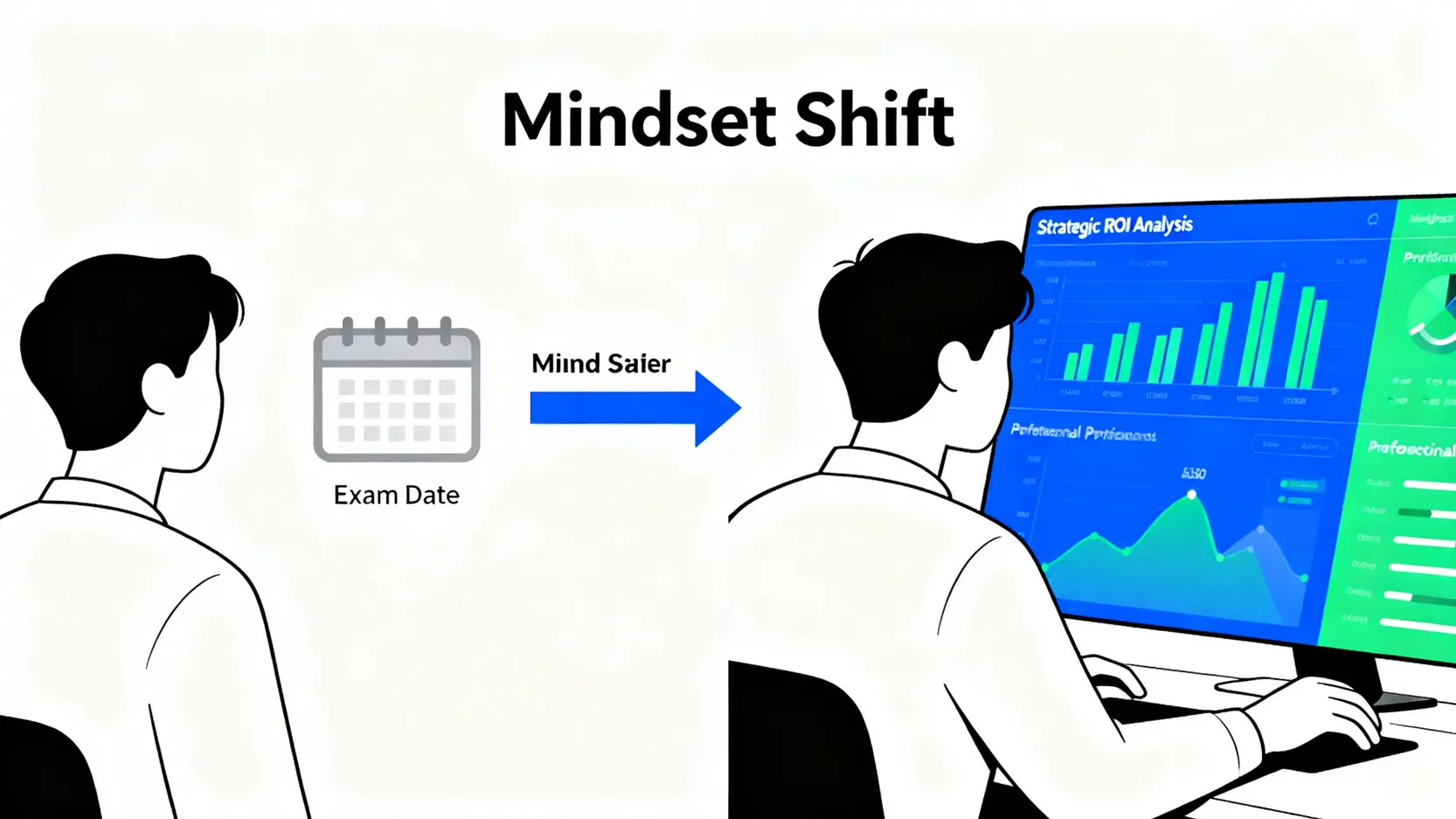 一張概念圖,對比被動查詢考試日期與主動進行證照投資報酬率分析兩種思維模式。