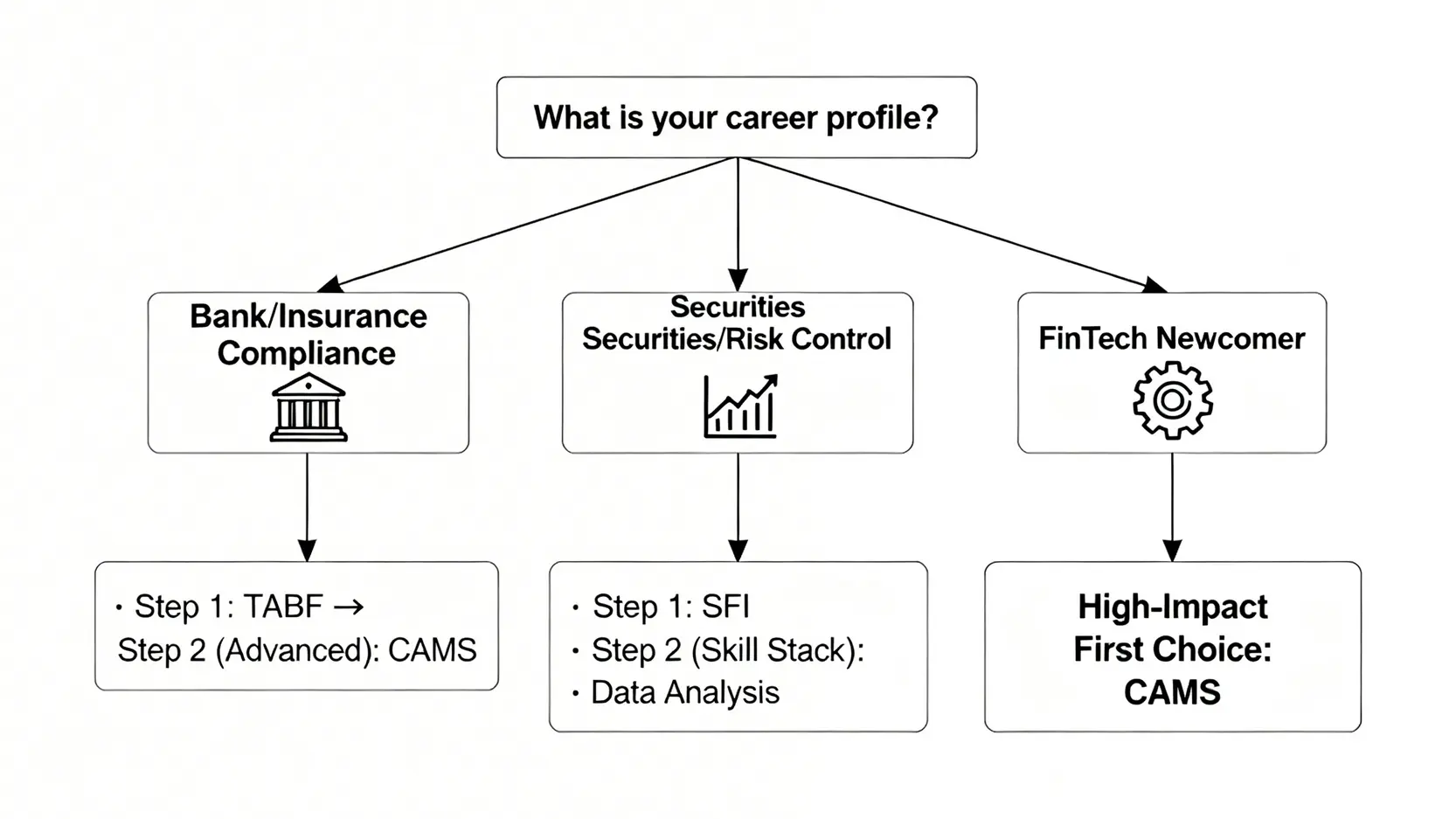 一張決策樹流程圖,根據銀行法遵、證券風控和金融科技新人三種不同職涯,推薦最佳的洗錢防制證照考取路徑。