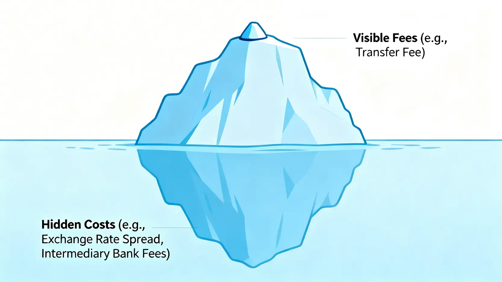一張冰山圖,說明外幣匯款的成本結構,可見的手續費只是冰山一角,而水面下的匯率價差與中轉行費用才是巨大的隱藏成本。