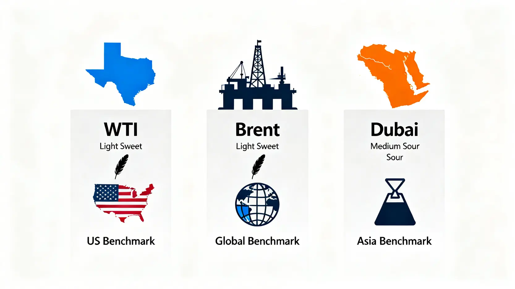 三大原油比較圖:WTI、布蘭特與杜拜原油在產地、品質與市場基準上的差異。