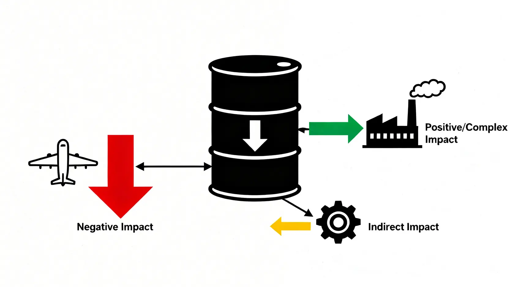 油價波動對台灣三大產業的影響示意圖,包括航空業、石化業與製造業。