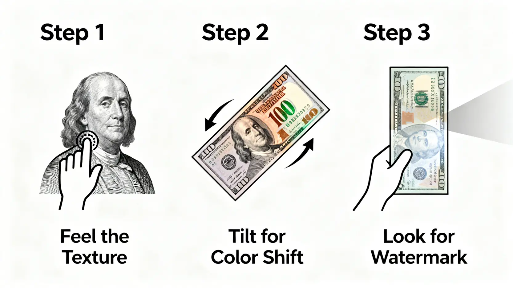 三步驟辨識美金偽鈔示意圖:觸摸質感、傾斜變色、透光看浮水印。
