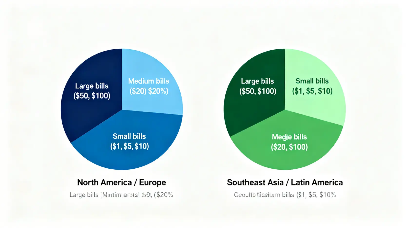 不同旅遊地區的美金面額配置黃金比例圖,分為北美歐洲與東南亞中南美洲兩種建議。