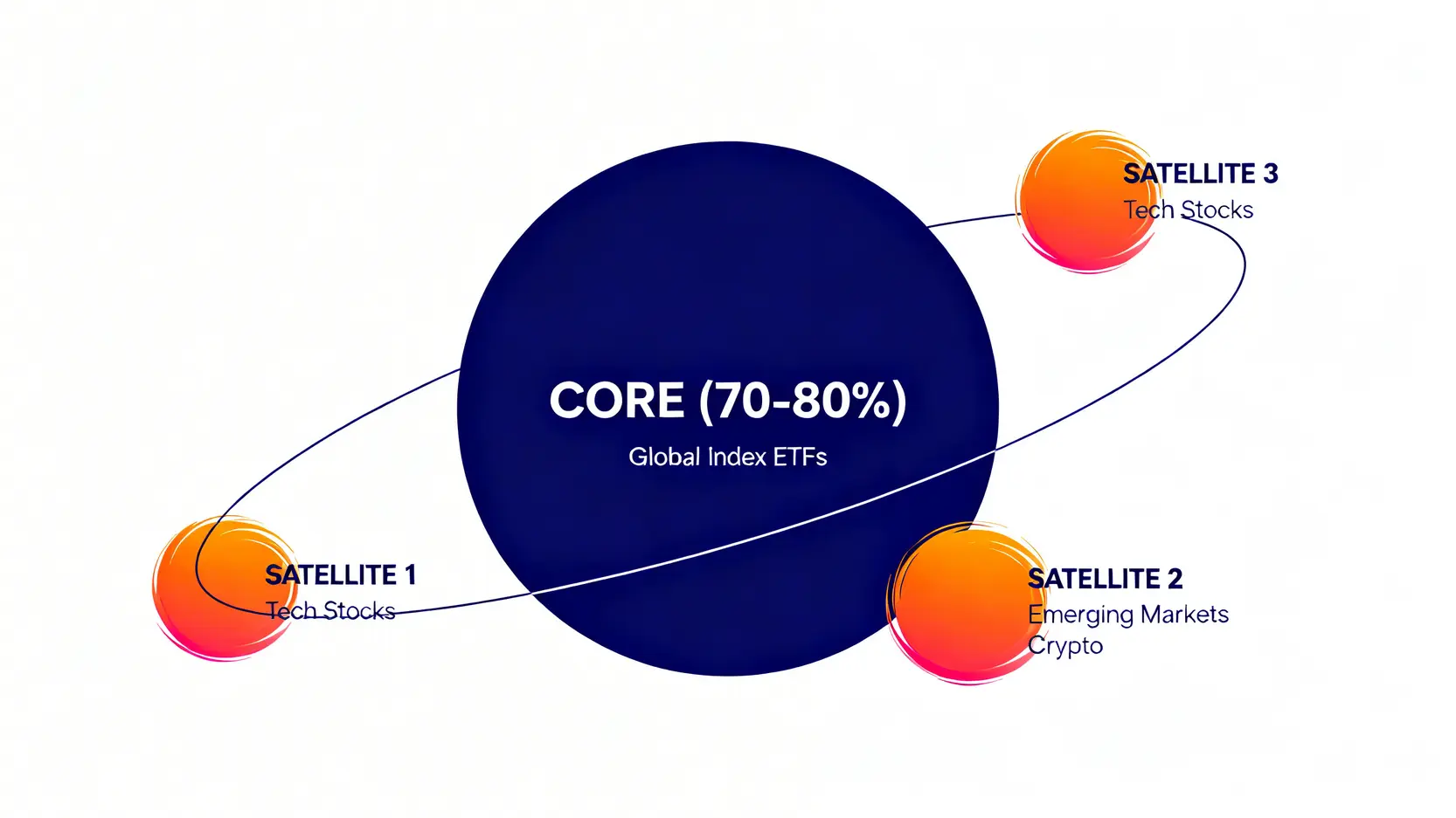 核心-衛星投資策略的概念示意圖,中間是一個大的核心資產圓球,周圍環繞著幾個小的高風險衛星資產圓球。