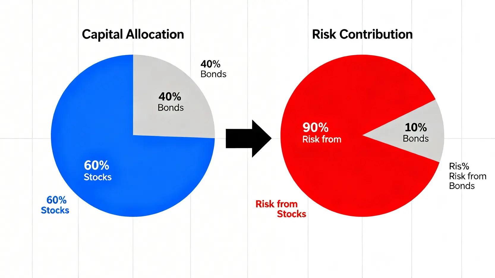 兩張圓餅圖對比傳統60/40投資組合的資本配置與風險貢獻,顯示股票佔據了絕大部分的風險。