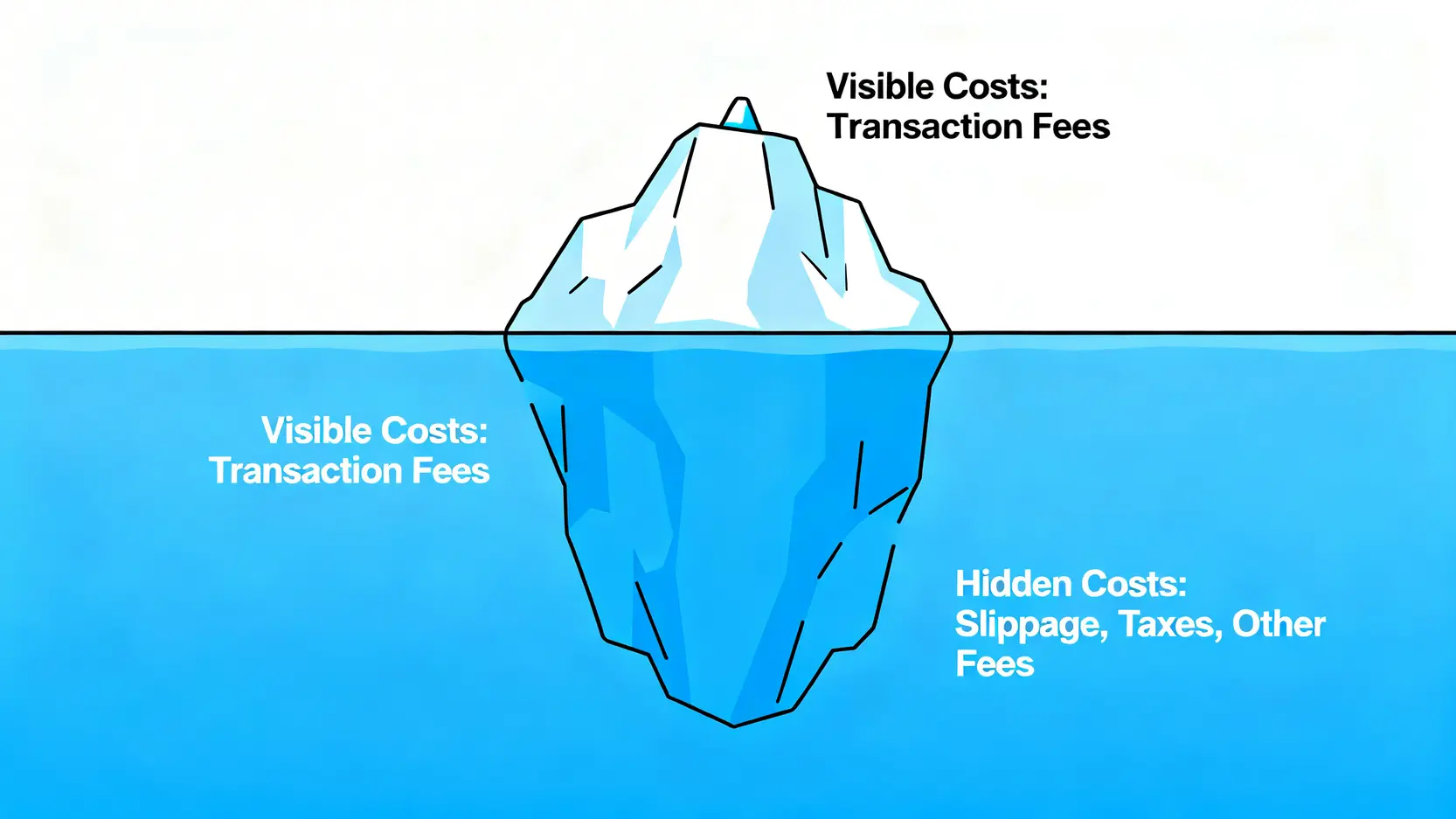 投資隱藏成本冰山圖,顯示交易手續費只是冰山一角,而滑價和交易稅是水下更大的成本。
