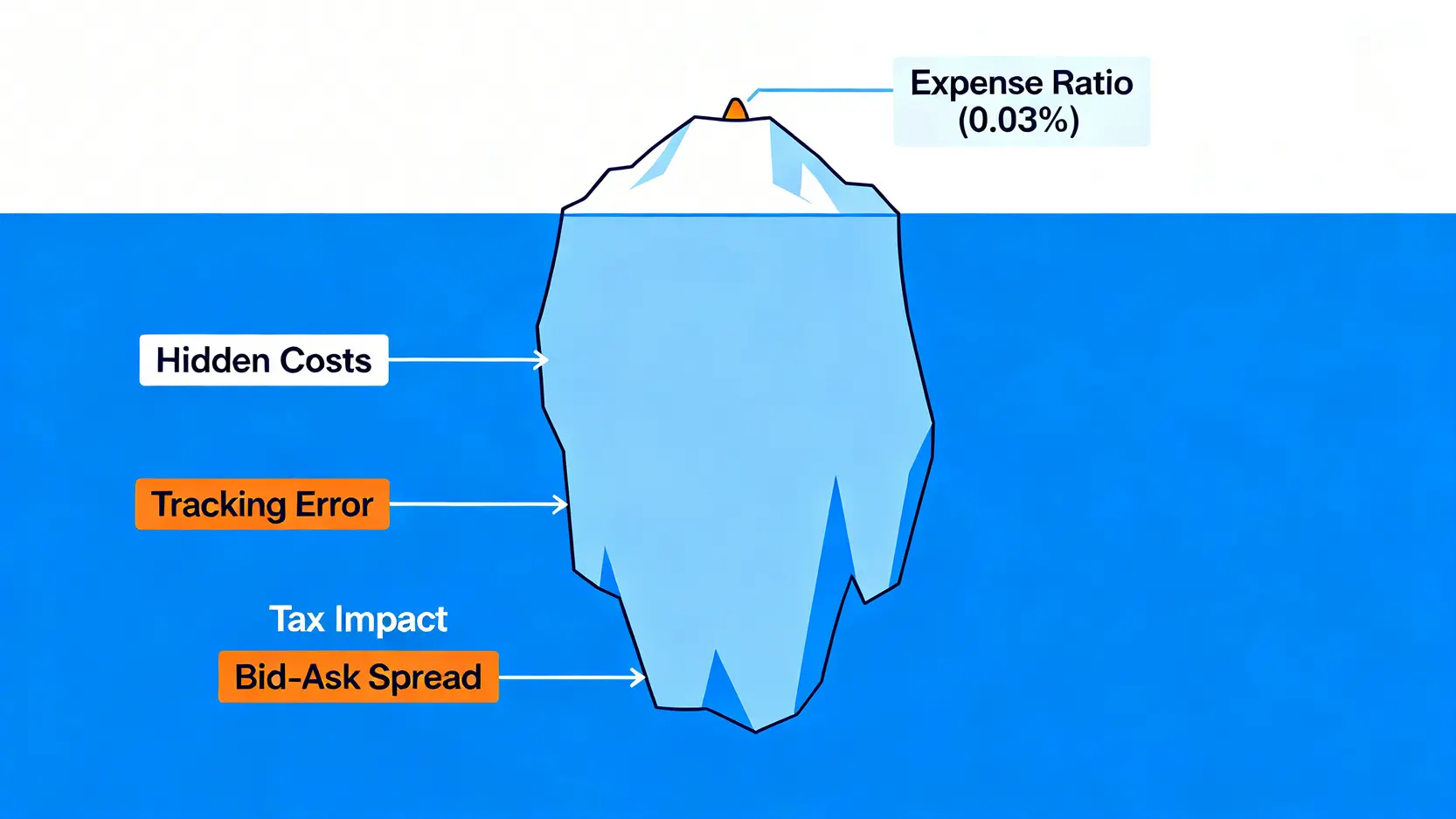 總持有成本冰山圖,顯示管理費只是可見的小部分,而追蹤誤差、交易成本等隱藏成本佔據了更大部分。