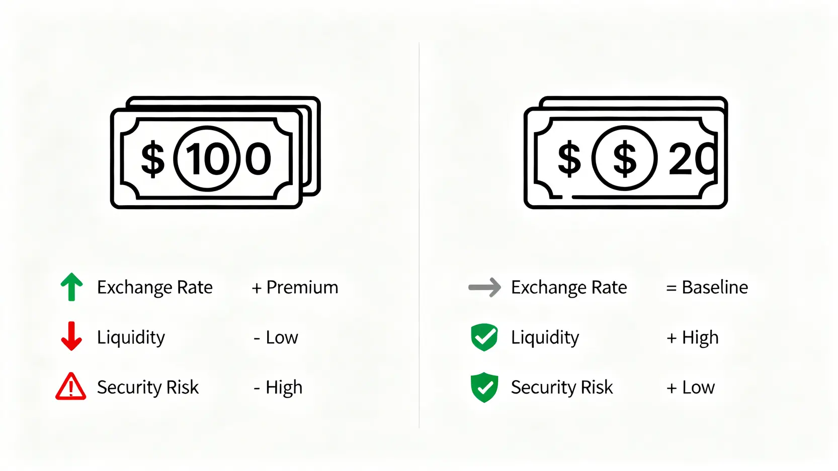 100美元與20美元鈔票在匯率、流動性與安全風險上的優缺點對比圖。