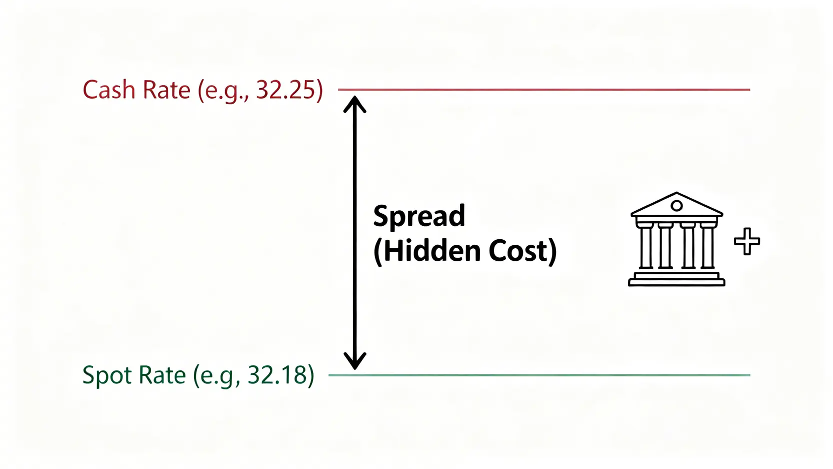 圖解銀行換匯的隱藏成本,顯示現鈔匯率與即期匯率之間的匯差。