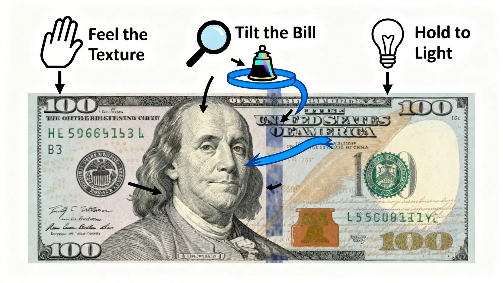 辨識美金偽鈔的三個步驟圖解:觸摸質感、傾斜檢查3D安全帶與變色油墨、迎光檢查浮水印與安全線。