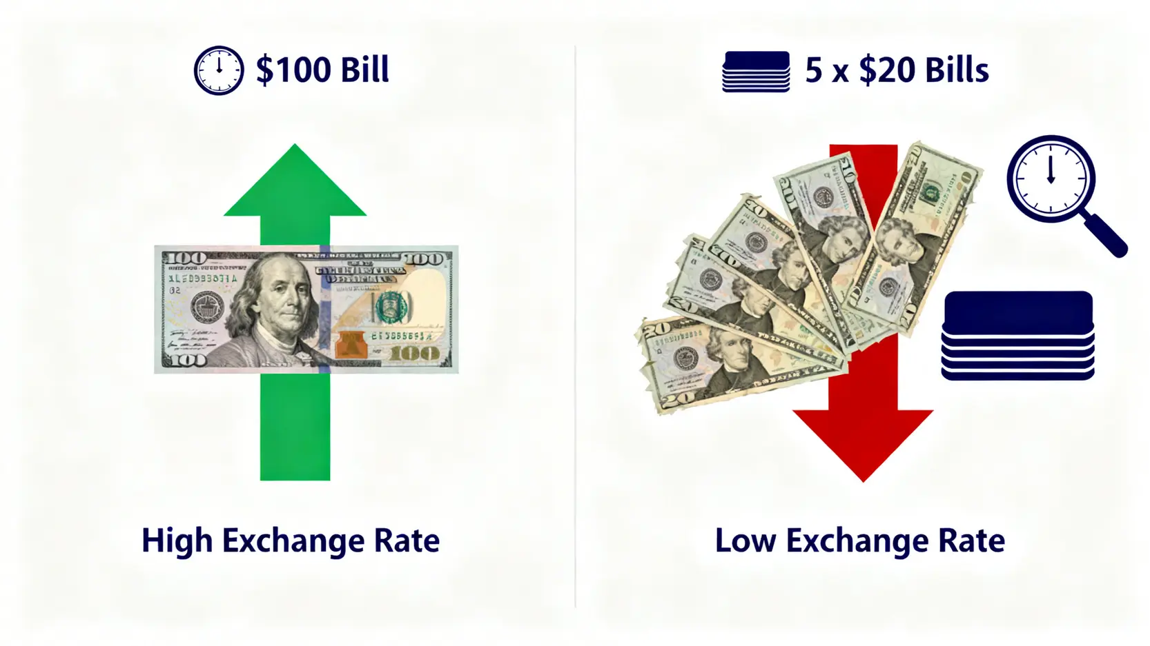 一百美元大鈔與五張二十美元小鈔的換匯價值對比圖,顯示大鈔因處理成本低而匯率更優。