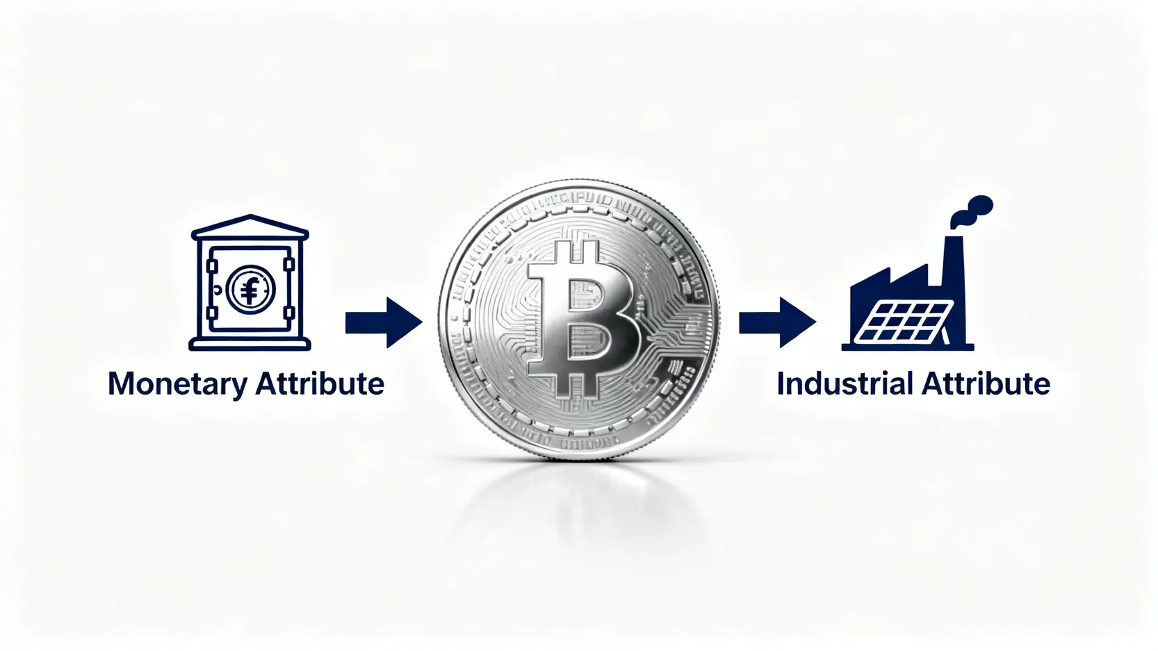 白銀的雙重屬性示意圖,左邊是代表貨幣屬性的金庫,右邊是代表工業屬性的工廠與太陽能板。