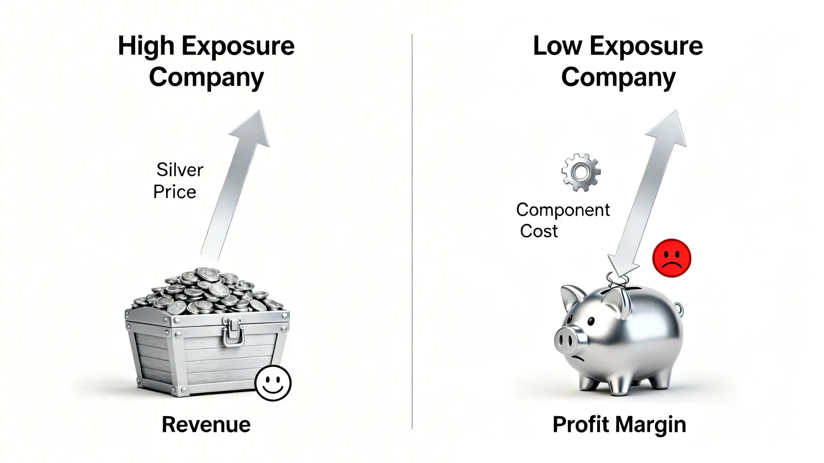 真實與偽白銀概念股的對比圖,顯示銀價上漲對高曝險公司是利多,對低曝險公司則是成本壓力。