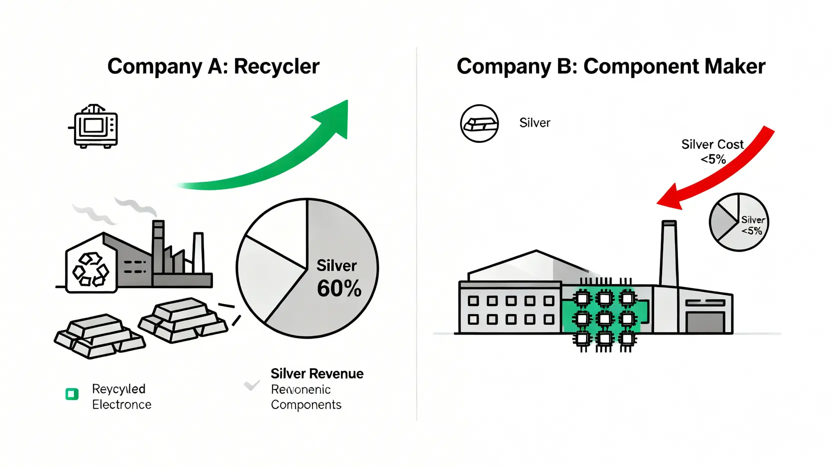 A公司與B公司的商業模式對比圖。A公司是貴金屬回收廠,白銀營收佔比高,從銀價上漲中獲利。B公司是被動元件廠,白銀是其少量成本,銀價上漲會壓縮利潤。